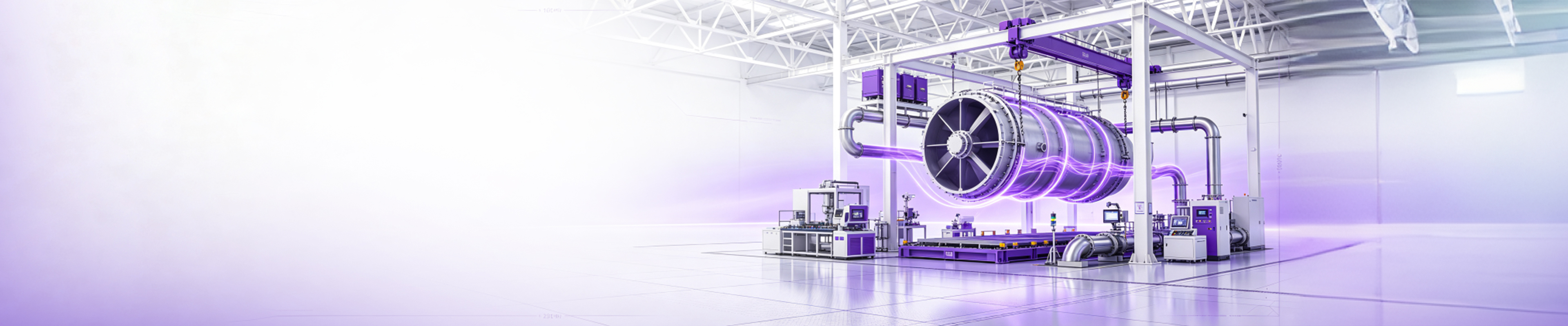 Large purple-lit wastewater treatment equipment assembly suspended on a gantry crane inside a manufacturing hall